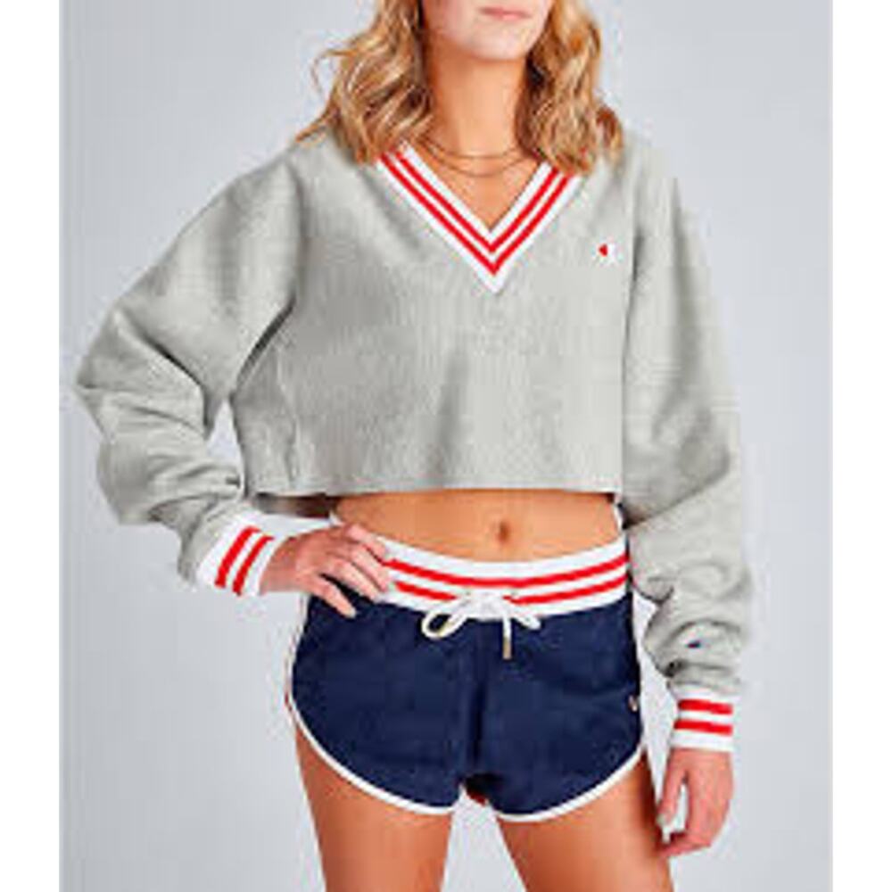 Champion Cropped V-Neck Oversized Sweatshirt College Prep Yarn Dye Stripe Small